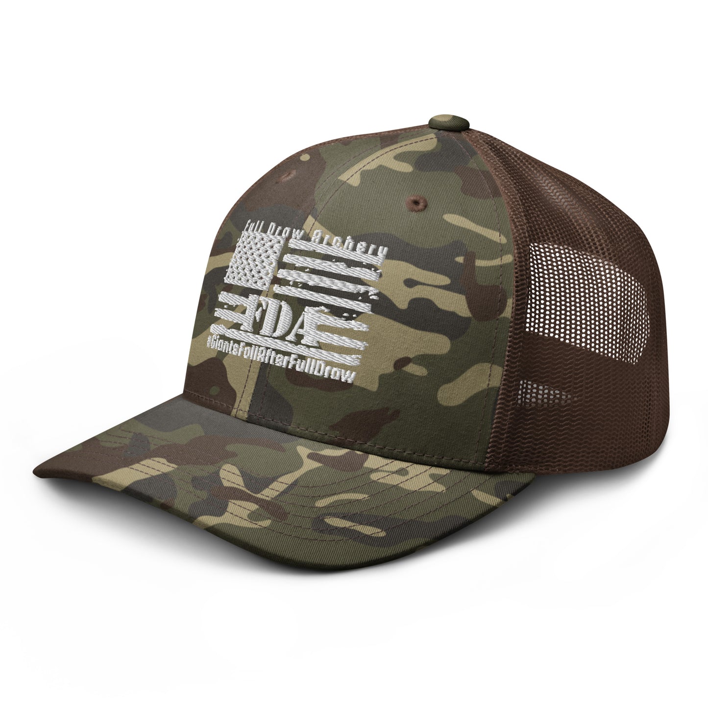 Camouflage Trucker Hat - Veteran-Owned Archery & Outdoors Business Logo | Perfect for Hunting & Outdoor Enthusiasts